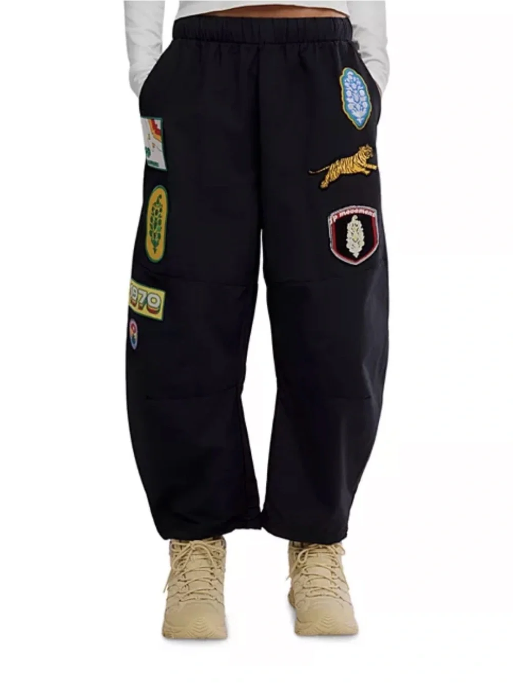 NWOT Free People Patched Game Day Black Joggers Pants Badge Patches Size Medium